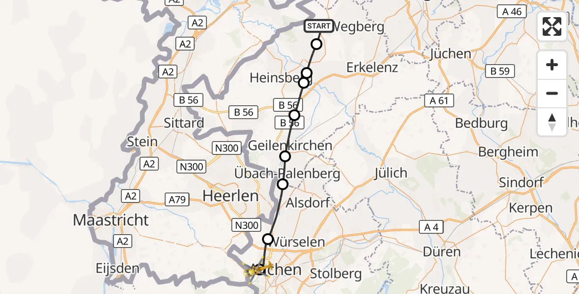 Flugroute Rettungshubschrauber Wegberg - Aachen Hospital, 13 Oktober 2026, 09:12