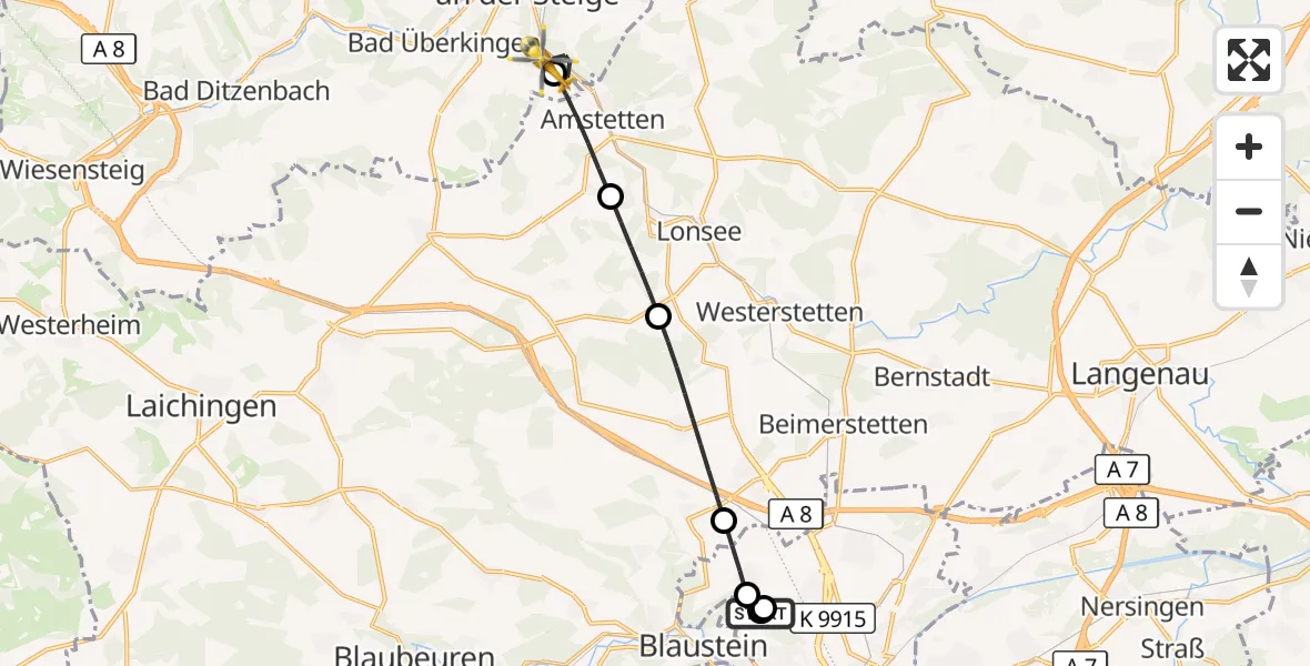 Flugroute Rettungshubschrauber Ulm Military Hospital Emergency - Geislingen an der Steige, 13 Oktober 2026, 09:15