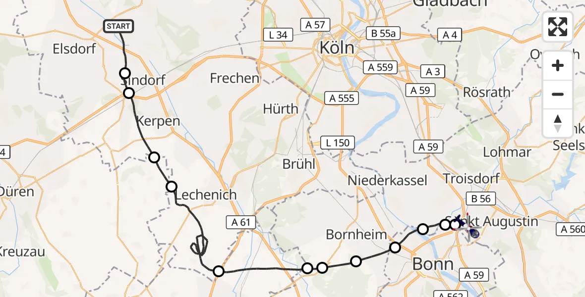 Flugroute Polizeihubschrauber Bergheim - Sankt Augustin, 13 Oktober 2026, 09:16