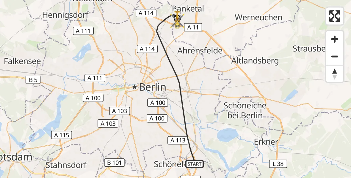 Flugroute Rettungshubschrauber Berlin - Helios Clinic Berlin-Buch, 13 Oktober 2026, 09:19