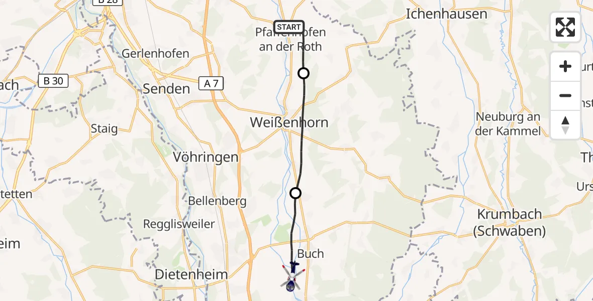 Flugroute Polizeihubschrauber Pfaffenhofen a.d.Roth - Buch, 13 Oktober 2026, 09:32