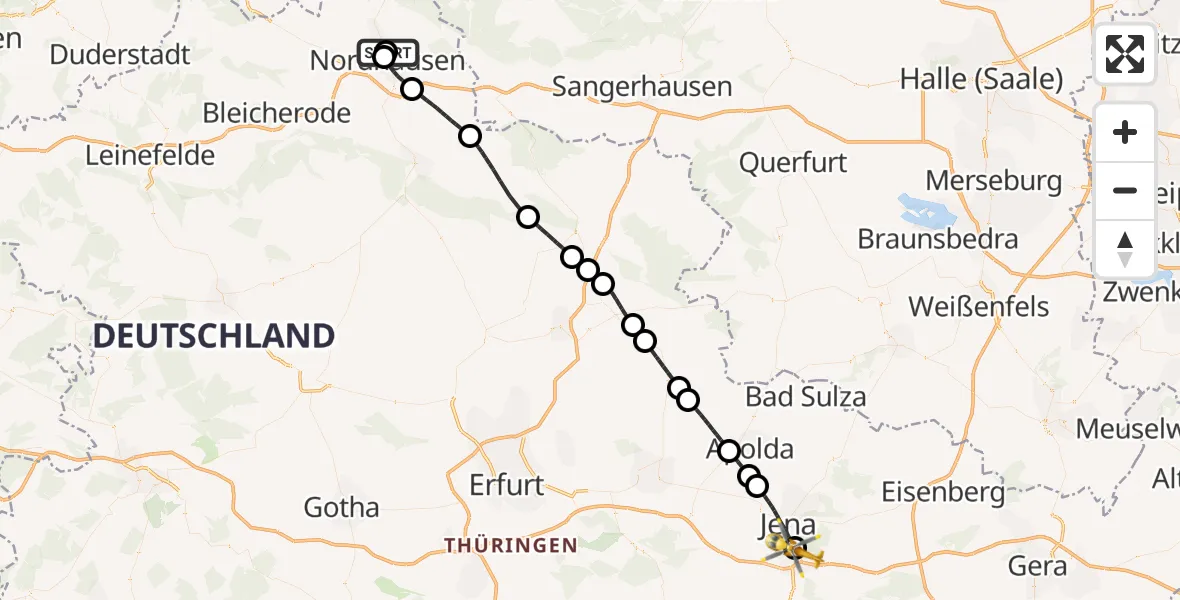 Flugroute Rettungshubschrauber Südharz Hospital Nordhausen - Lobeda Hubschrauberlandeplatz, 13 Oktober 2026, 09:38