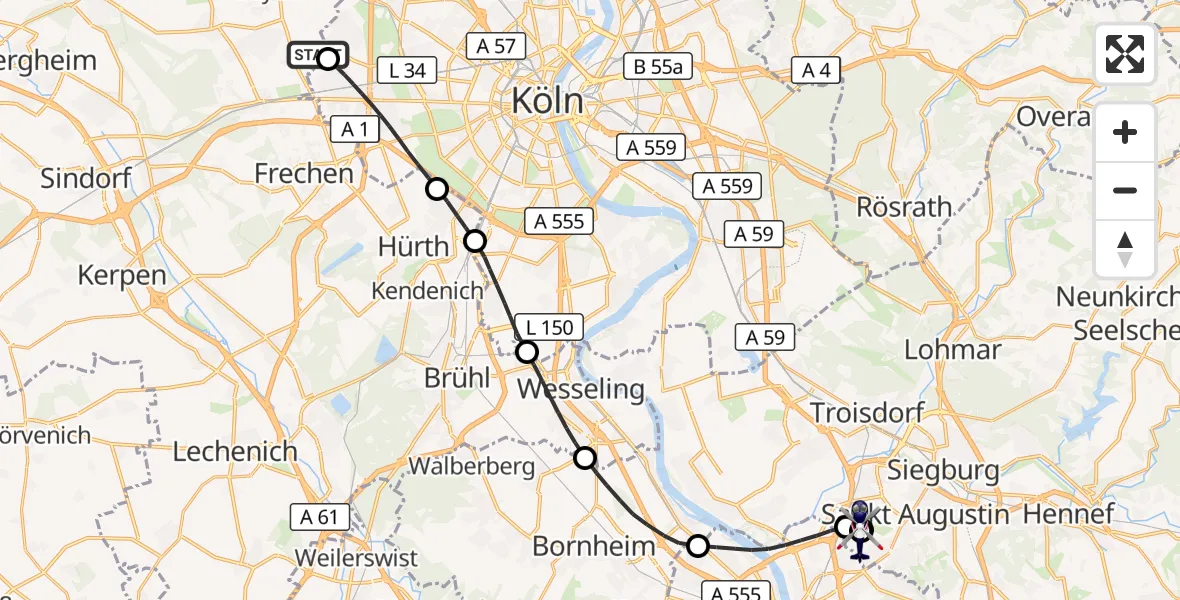 Flugroute Polizeihubschrauber Pulheim - Sankt Augustin, 13 Oktober 2026, 09:41