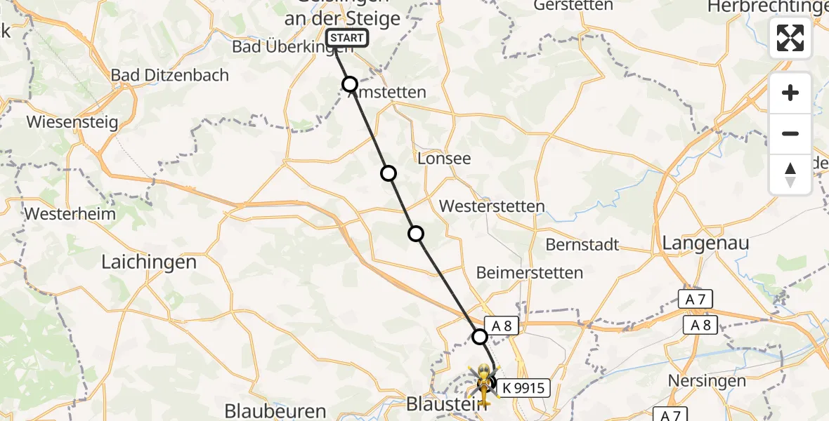 Flugroute Rettungshubschrauber Geislingen an der Steige - Ulm Military Hospital Emergency, 13 Oktober 2026, 09:44