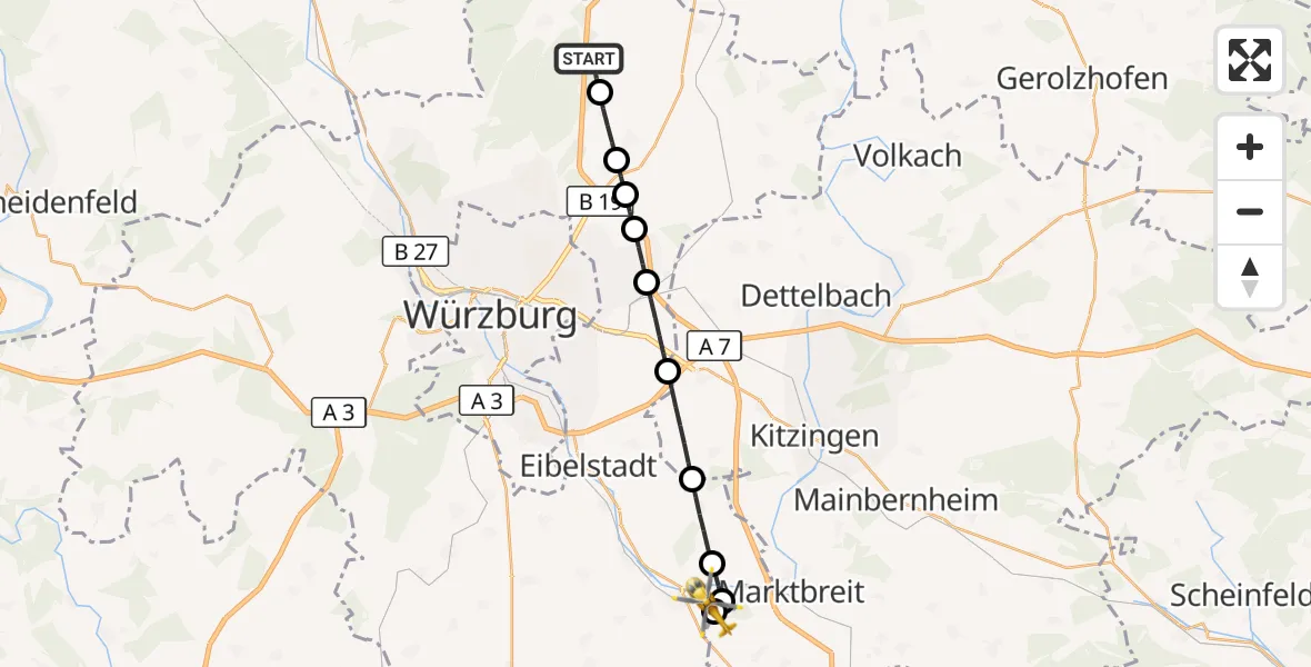 Flugroute Rettungshubschrauber Hausen b.Würzburg - Ochsenfurt Hospital, 13 Oktober 2026, 09:43