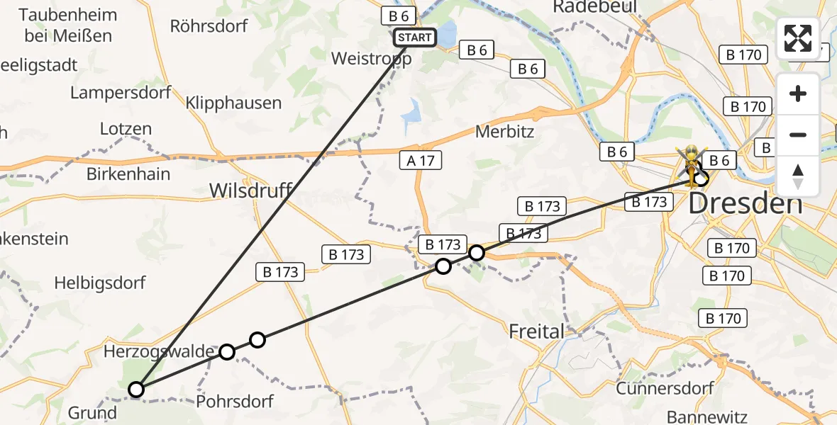 Flugroute Rettungshubschrauber Dresden - Dresden Friedrichstadt Hospital, 13 Oktober 2026, 09:46