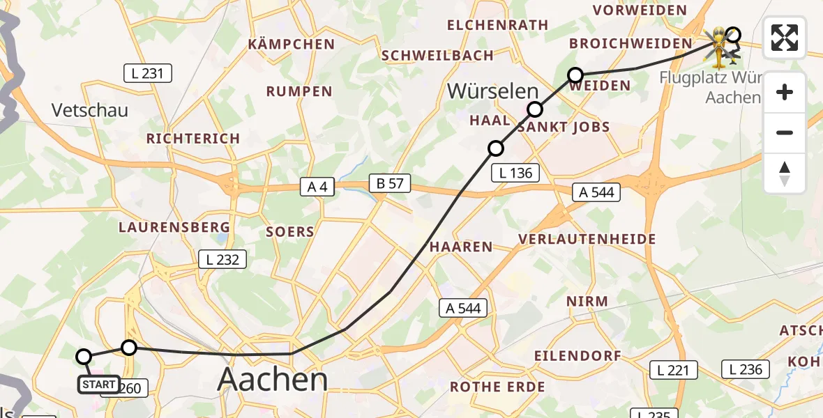 Flugroute Rettungshubschrauber Aachen Hospital - Aachen-Merzbrück Flughafen, 13 Oktober 2026, 09:55