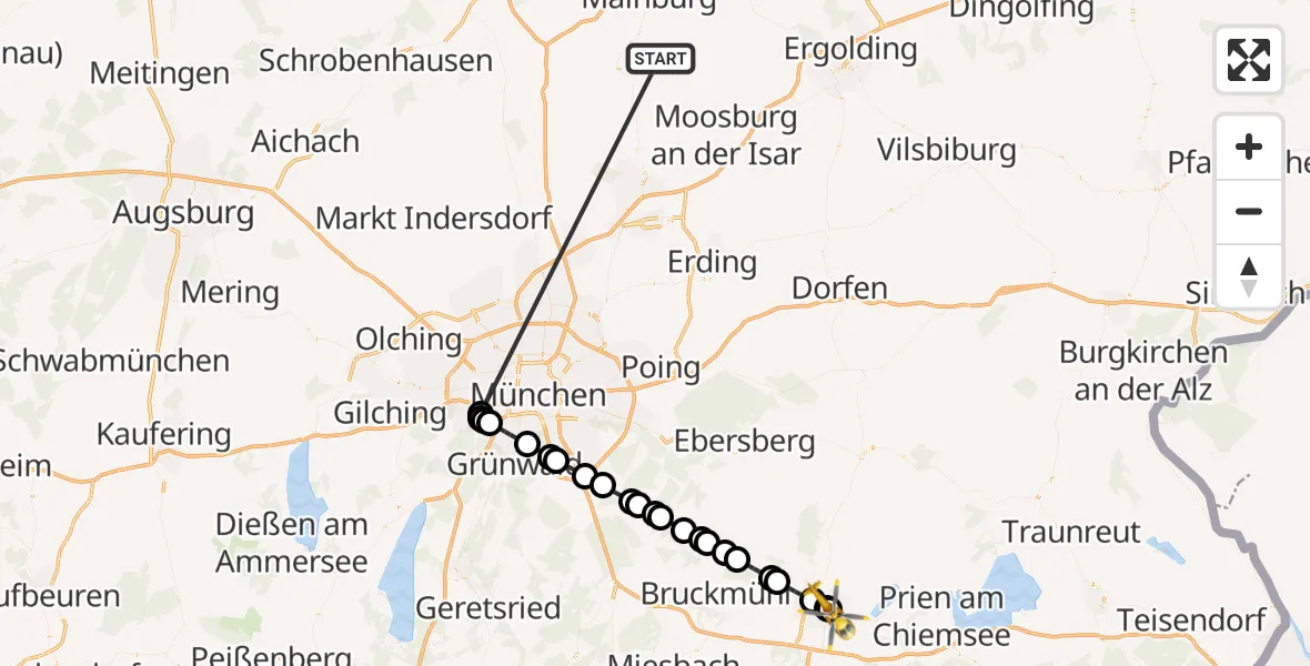 Flugroute Rettungshubschrauber Rudelzhausen - RoMed Hospital Rosenheim, 13 Oktober 2026, 10:10