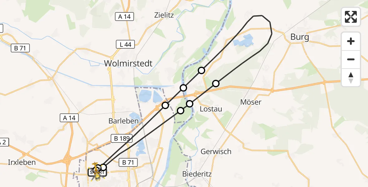 Flugroute Rettungshubschrauber Magdeburg Hospital - Magdeburg Hospital, 13 Oktober 2026, 10:12