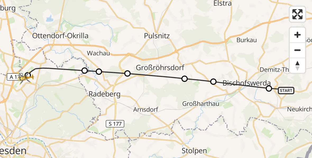 Flugroute Rettungshubschrauber Schmölln-Putzkau - Dresden Bundespolizei Hubschrauberlandeplatz, 13 Oktober 2026, 10:21