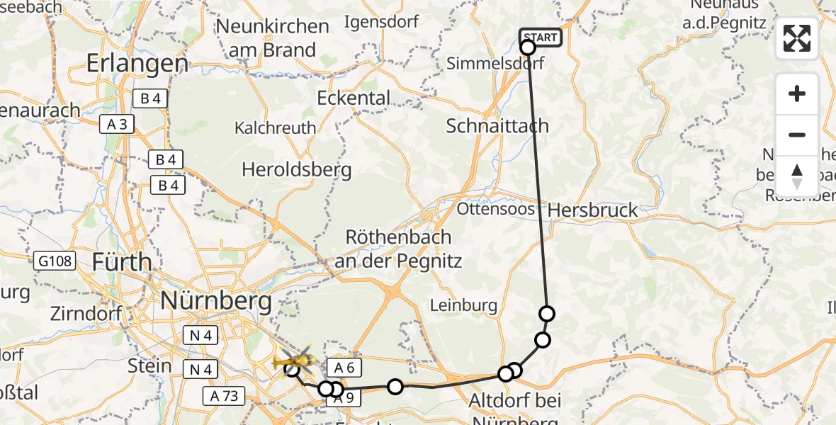 Flugroute Rettungshubschrauber Schnaittach - Nürnberg South Hospital Hubschrauberlandeplatz, 13 Oktober 2026, 10:25