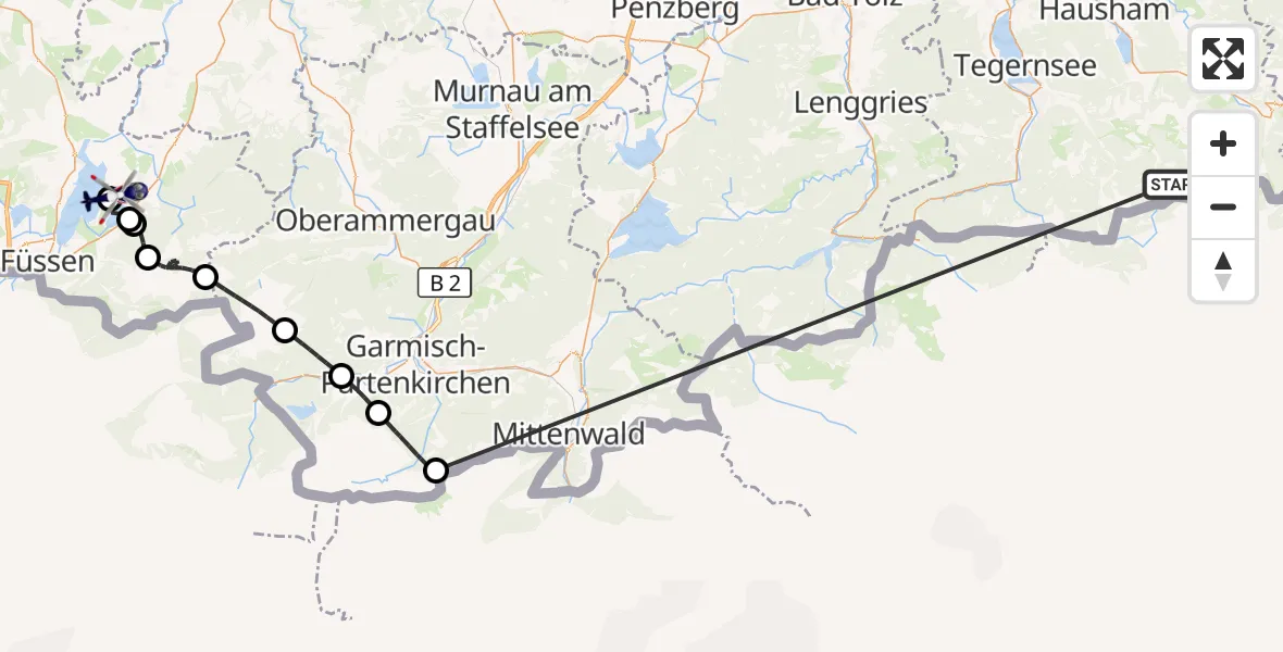 Flugroute Polizeihubschrauber Schliersee - Halblech, 13 Oktober 2026, 10:35
