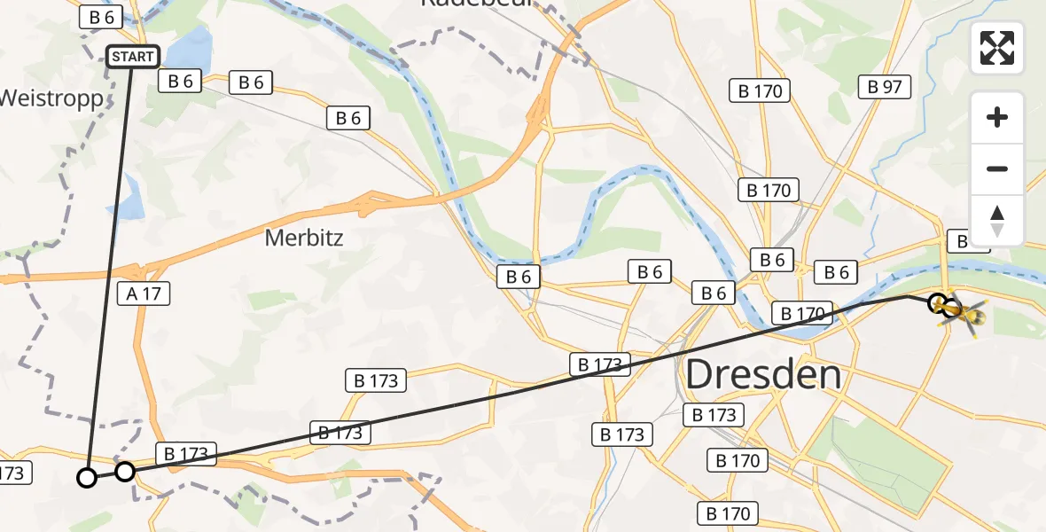 Flugroute Rettungshubschrauber Dresden - Dresden University Hospital, 13 Oktober 2026, 10:35