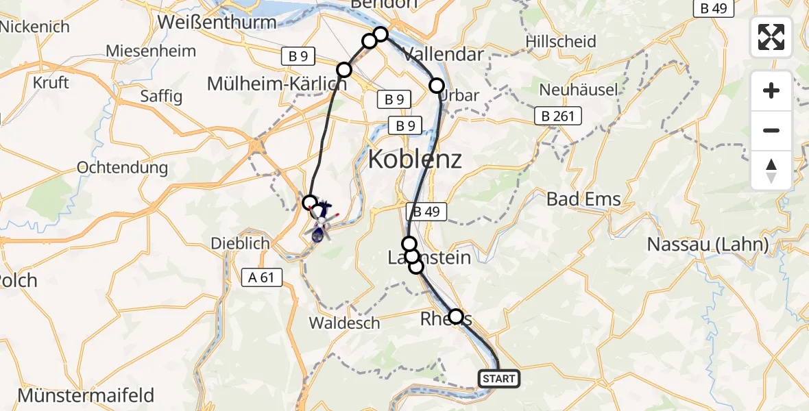 Flugroute Polizeihubschrauber Braubach - Koblenz-Winningen Flugplatz, 13 Oktober 2026, 10:38