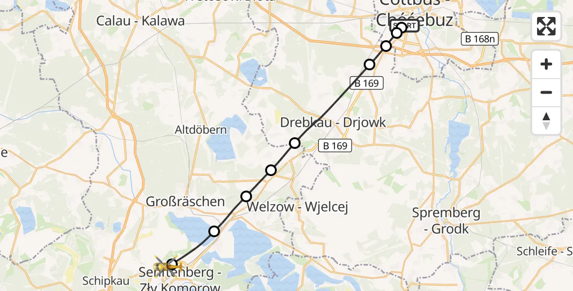 Flugroute Ambulanzhubschrauber Carl Thien Hospital Cottbus - ADAC Luftrettungsstation Senftenberg Hubschrauberlandeplatz, 13 Oktober 2026, 10:43