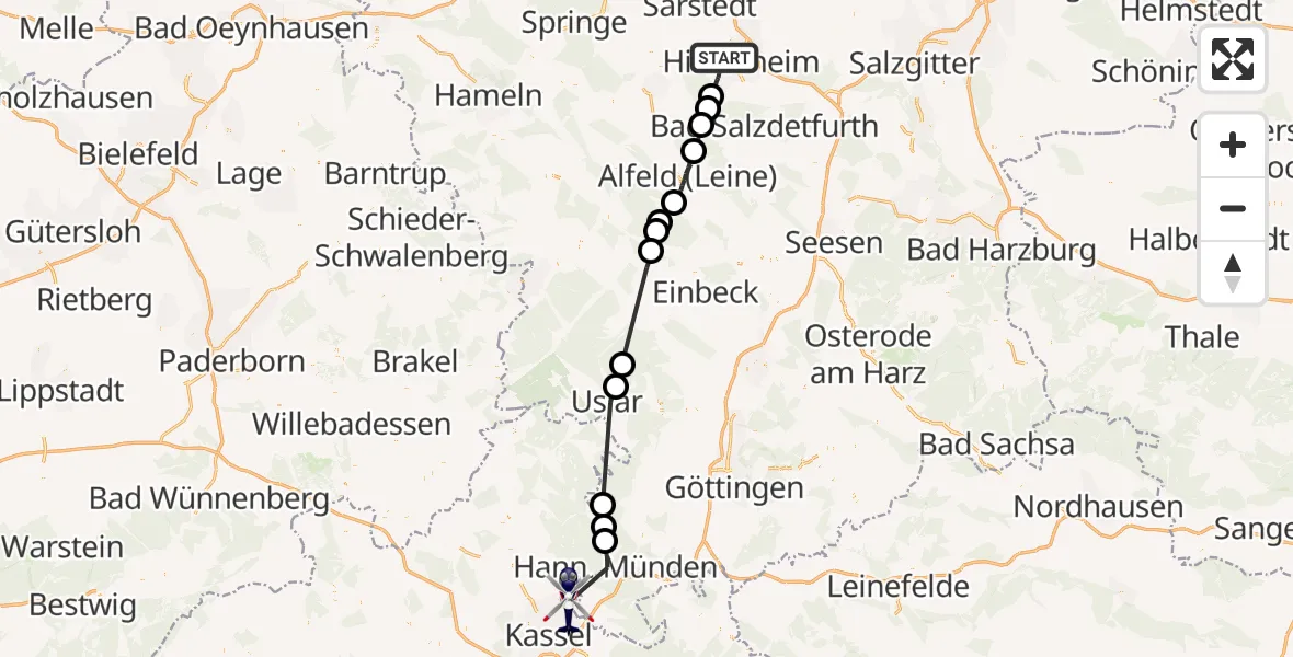 Flugroute Polizeihubschrauber Hildesheim - Kassel, 13 Oktober 2026, 10:45