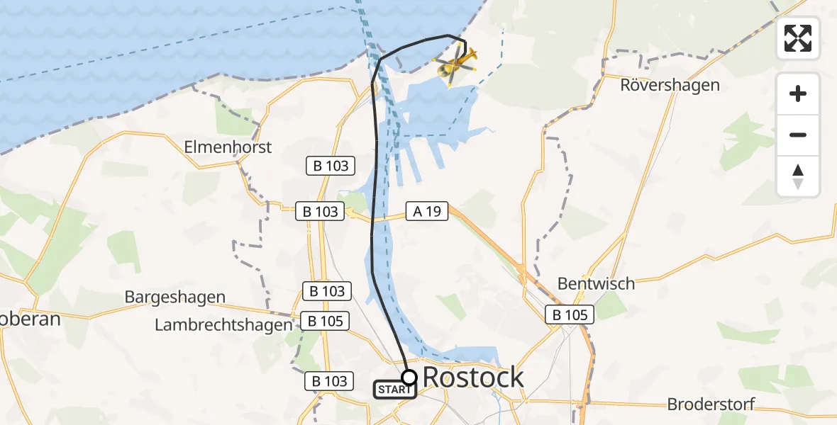 Flugroute Rettungshubschrauber Rostock University Hubschrauberlandeplatz - Rostock, 13 Oktober 2026, 10:48