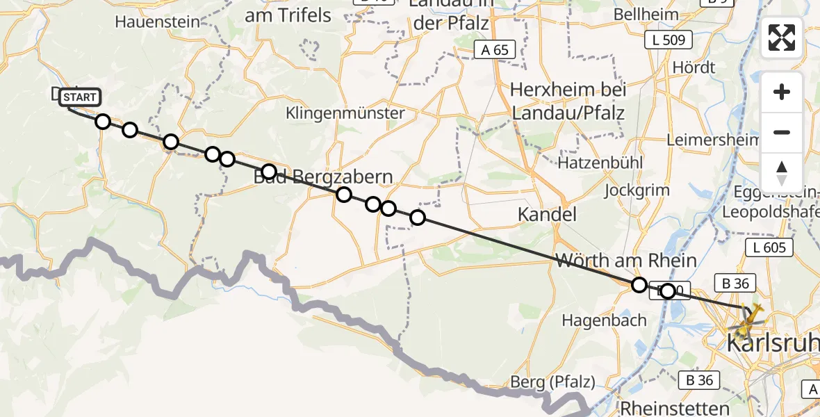 Flugroute Ambulanzhubschrauber Dahn - Karlsruhe, 13 Oktober 2026, 10:54