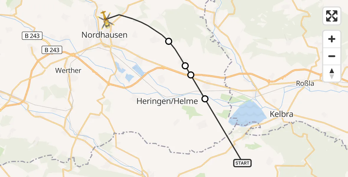 Flugroute Rettungshubschrauber Kyffhäuserland - Südharz Hospital Nordhausen, 13 Oktober 2026, 11:06