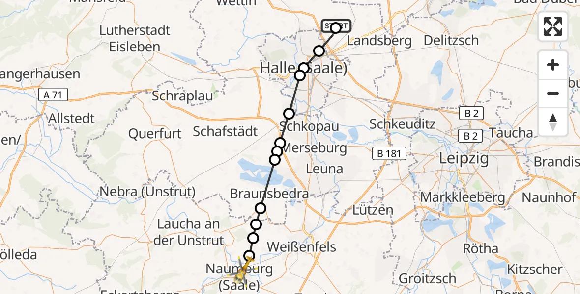 Flugroute Rettungshubschrauber Halle-Oppin Flugplatz - Naumburg (Saale), 13 Oktober 2026, 11:06