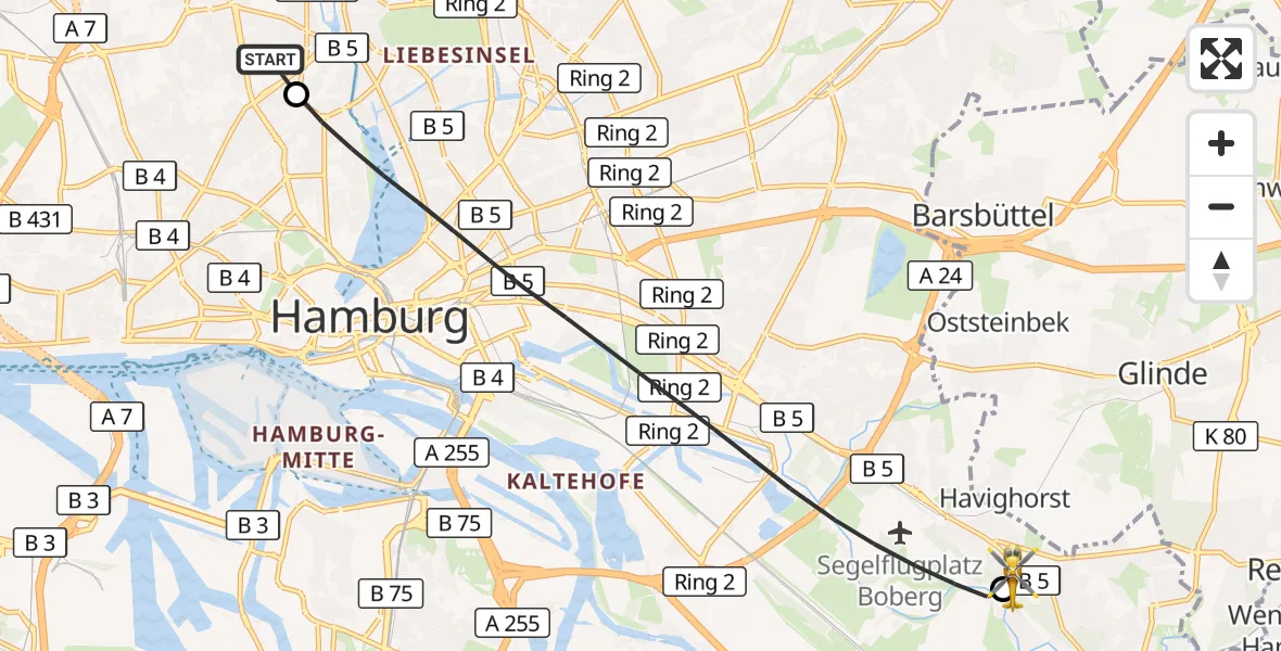 Flugroute Rettungshubschrauber Universitätsklinikum Hamburg-Eppendorf Hubschrauberlandeplatz - Christoph Hansa ADAC Hubschrauberlandeplatz, 13 Oktober 2026, 11:31