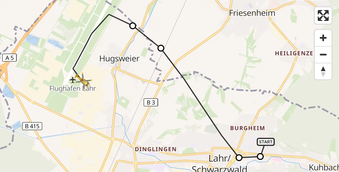 Flugroute Rettungshubschrauber Ortenau Hospital Lahr-Ettenheim - Lahr Flughafen, 13 Oktober 2026, 11:36