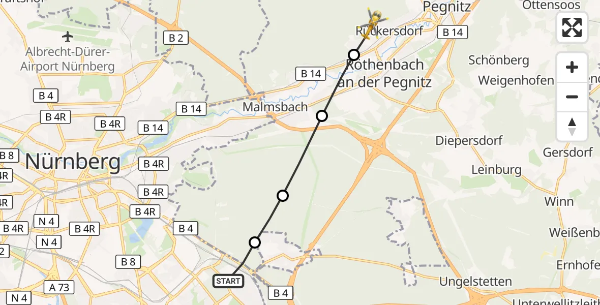 Flugroute Rettungshubschrauber Nürnberg - Rückersdorf, 13 Oktober 2026, 11:37