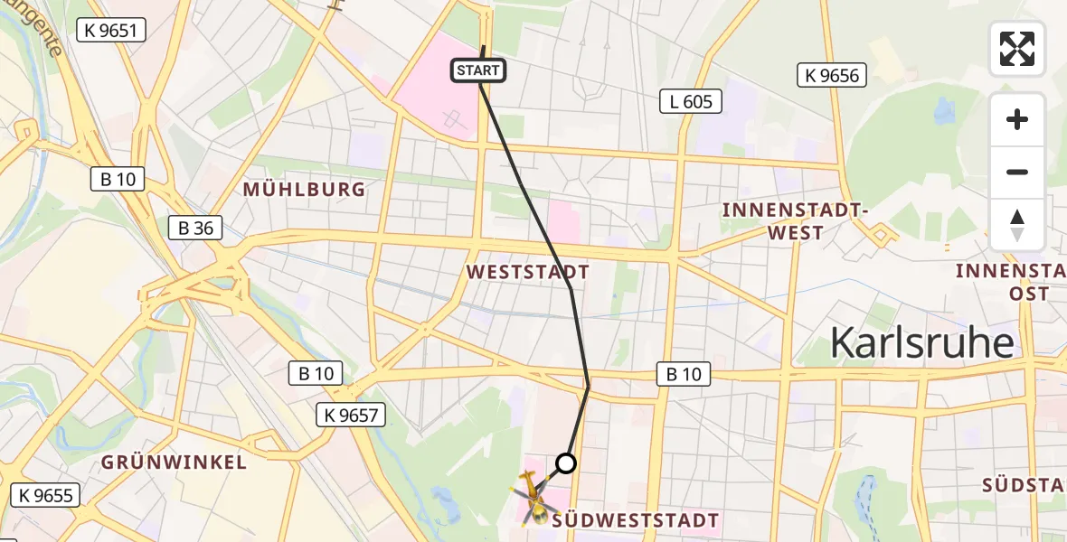 Flugroute Ambulanzhubschrauber Karlsruhe - Sankt Vincentius Hospital, 13 Oktober 2026, 11:38