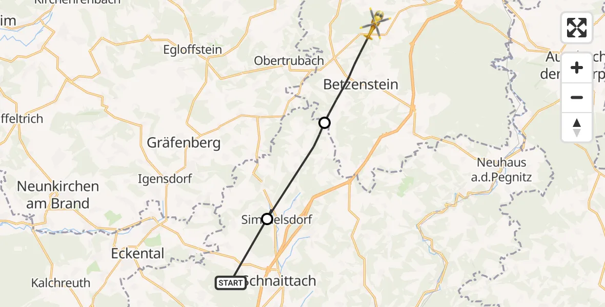 Flugroute Rettungshubschrauber Schnaittach - Betzenstein, 13 Oktober 2026, 11:42