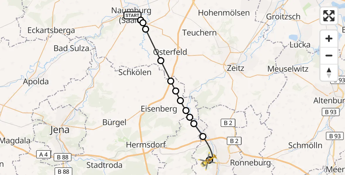 Flugroute Rettungshubschrauber Naumburg (Saale) - SRH Wald-Klinikum Gera Hospital, 13 Oktober 2026, 11:51