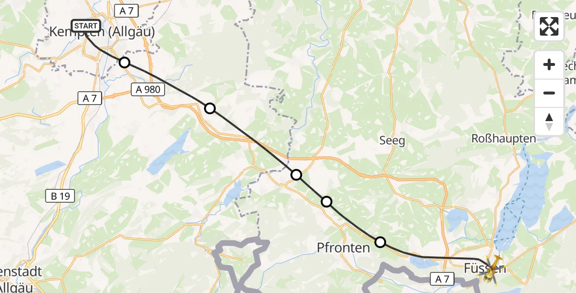 Flugroute Rettungshubschrauber Kempten (Allgäu) - Füssen, 13 Oktober 2026, 12:06