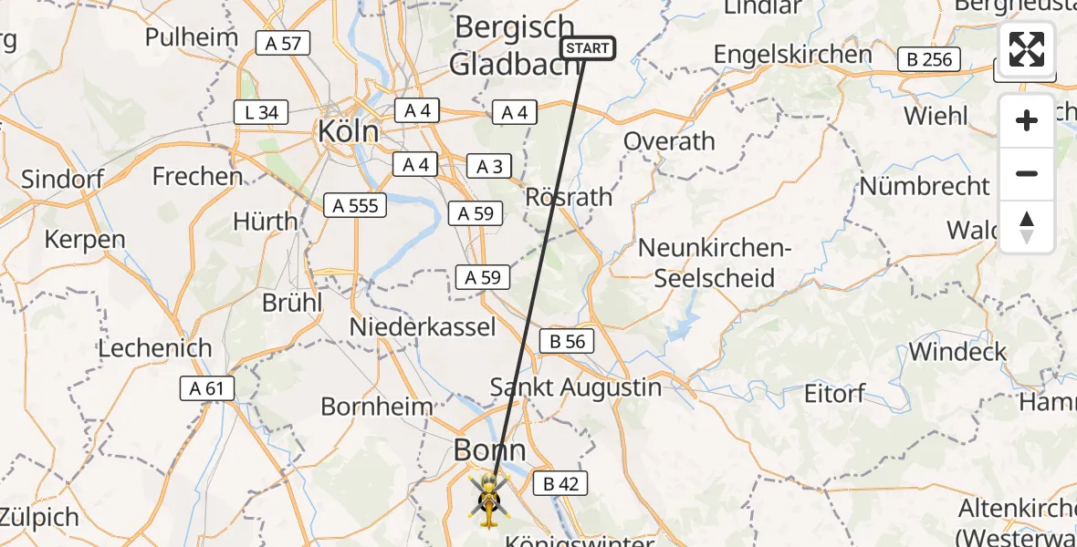 Flugroute Ambulanzhubschrauber Bergisch Gladbach - Bonn University Hospital, 13 Oktober 2026, 12:25