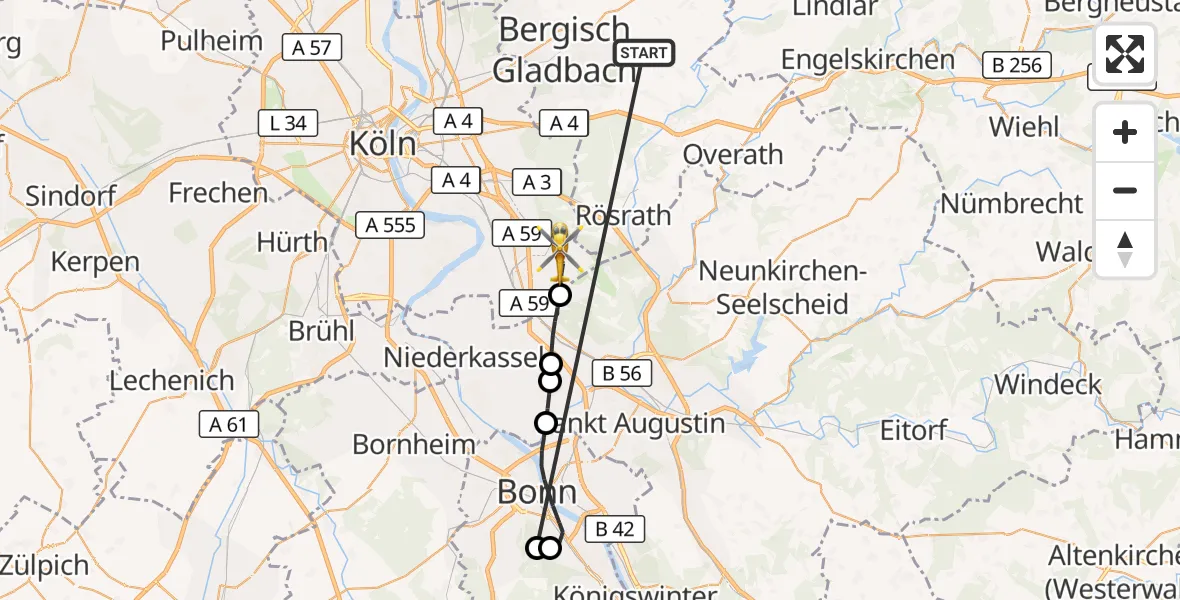 Flugroute Ambulanzhubschrauber Bergisch Gladbach - Köln Bonn Flughafen, 13 Oktober 2026, 12:36
