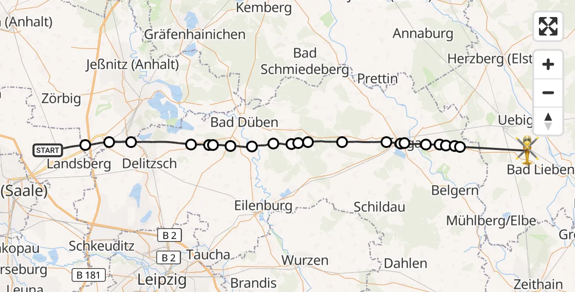 Flugroute Rettungshubschrauber Landsberg - Uebigau-Wahrenbrück, 13 Oktober 2026, 12:37