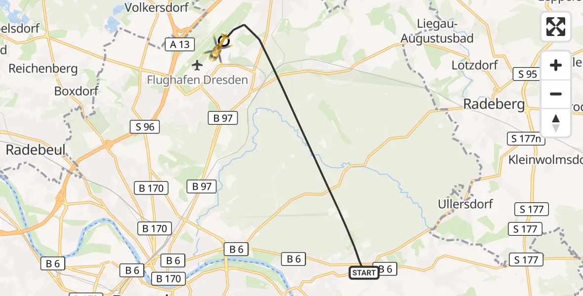 Flugroute Rettungshubschrauber Dresden - Dresden Bundespolizei Hubschrauberlandeplatz, 13 Oktober 2026, 12:43