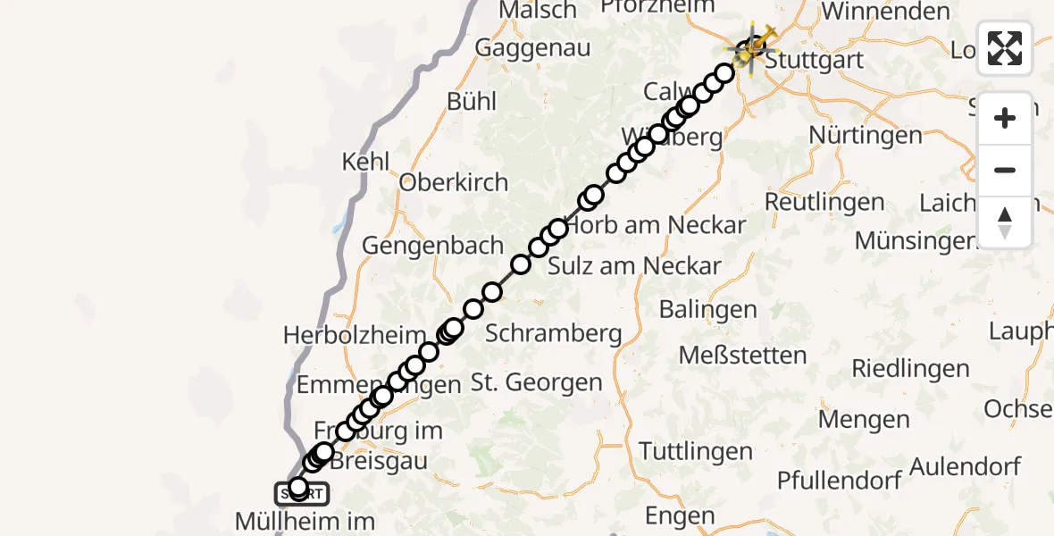 Flugroute Rettungshubschrauber Bremgarten Flugplatz - Leonberg Hospital, 13 Oktober 2026, 12:43