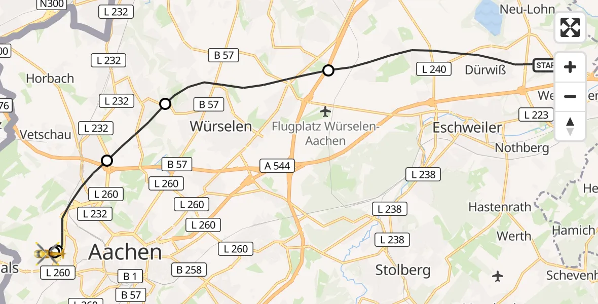 Flugroute Rettungshubschrauber Eschweiler - Aachen Hospital, 13 Oktober 2026, 12:54