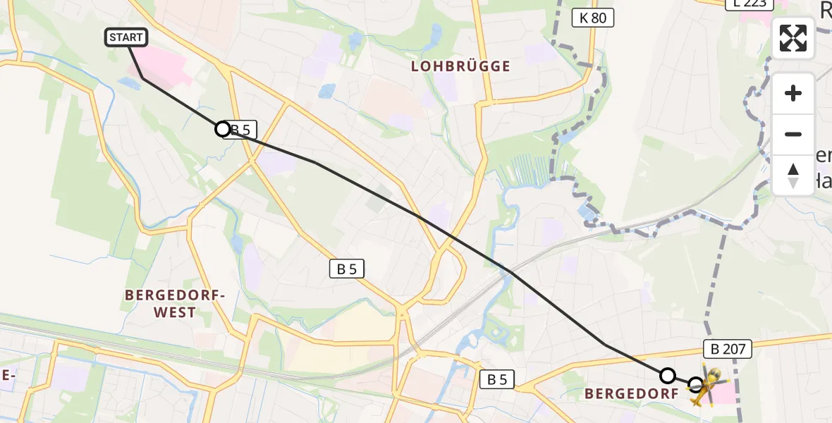 Flugroute Rettungshubschrauber Christoph Hansa ADAC Hubschrauberlandeplatz - Bethesda Hospital, 13 Oktober 2026, 13:02