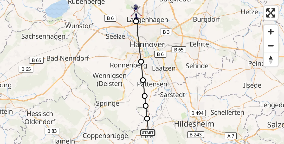 Flugroute Polizeihubschrauber Elze - Flughafen Hannover, 13 Oktober 2026, 13:05