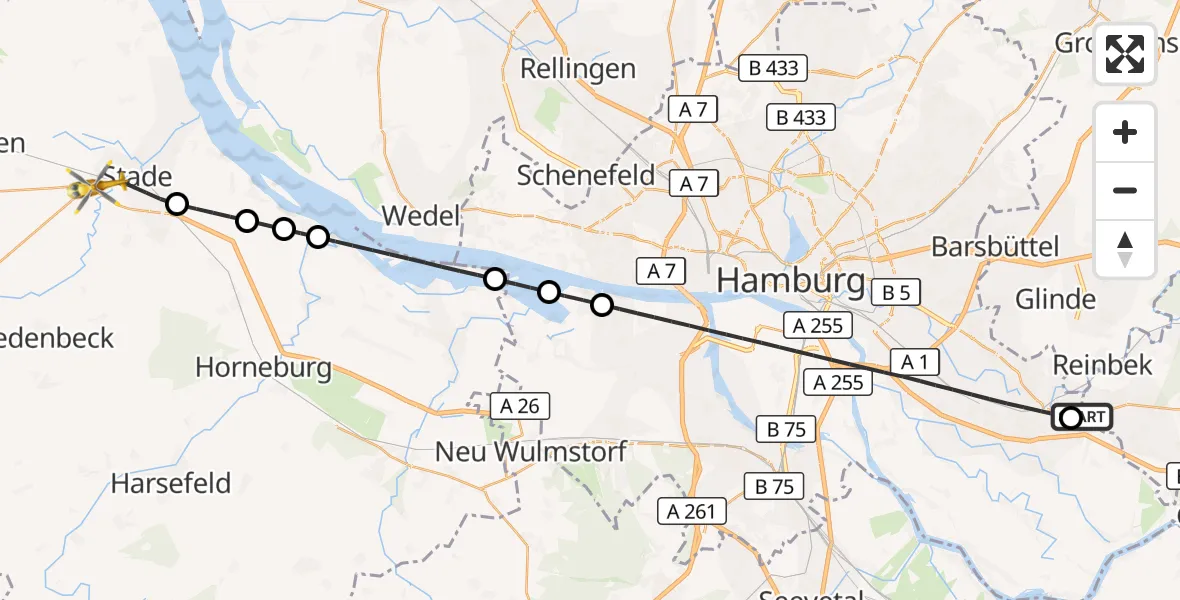 Flugroute Rettungshubschrauber Bethesda Hospital - Stade, 13 Oktober 2026, 13:06
