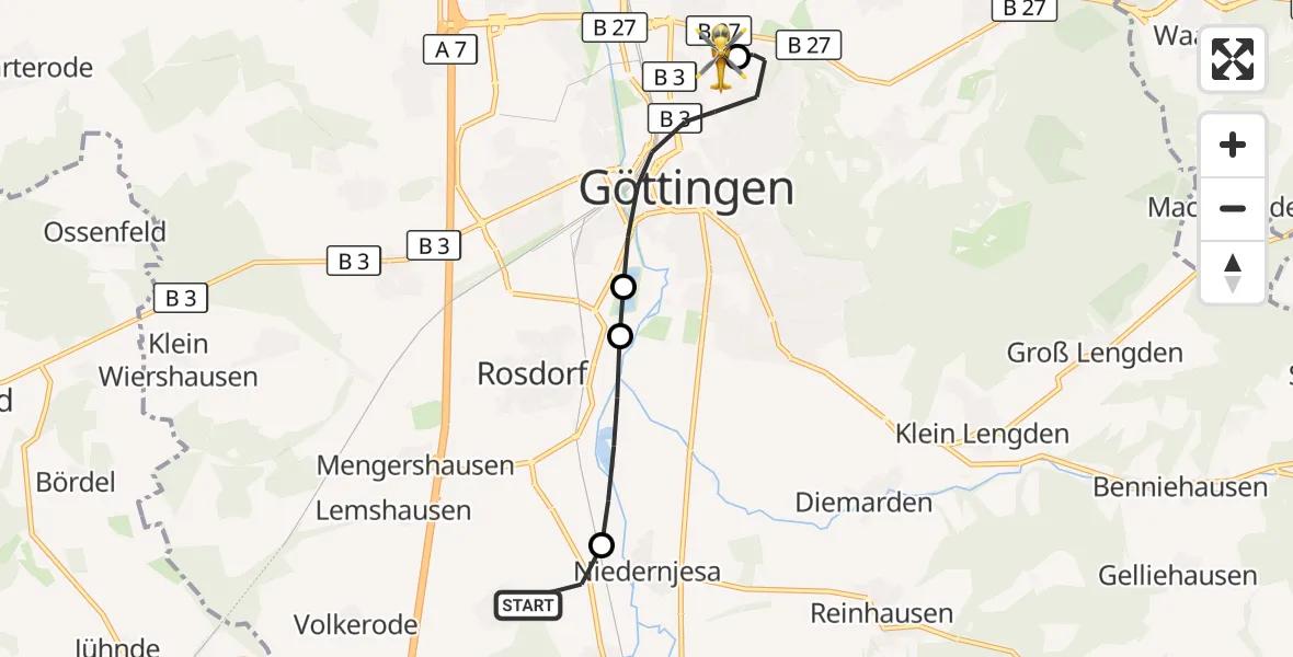 Flugroute Rettungshubschrauber Rosdorf - Göttingen University Clinic Hubschrauberlandeplatz, 13 Oktober 2026, 13:13
