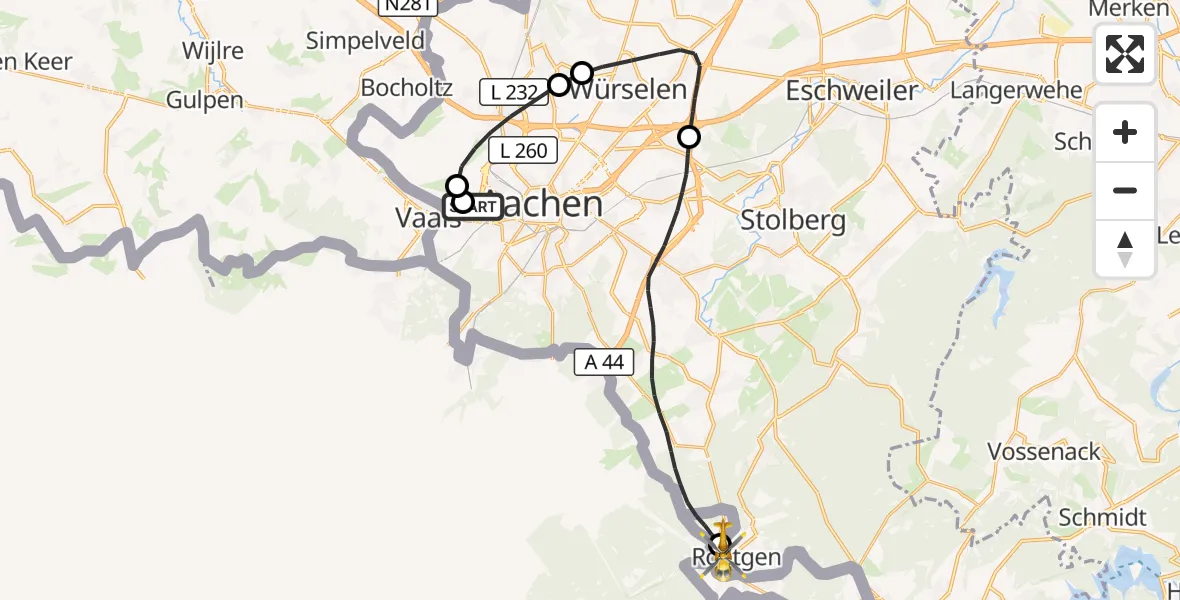 Flugroute Rettungshubschrauber Aachen Hospital - Roetgen, 13 Oktober 2026, 13:16