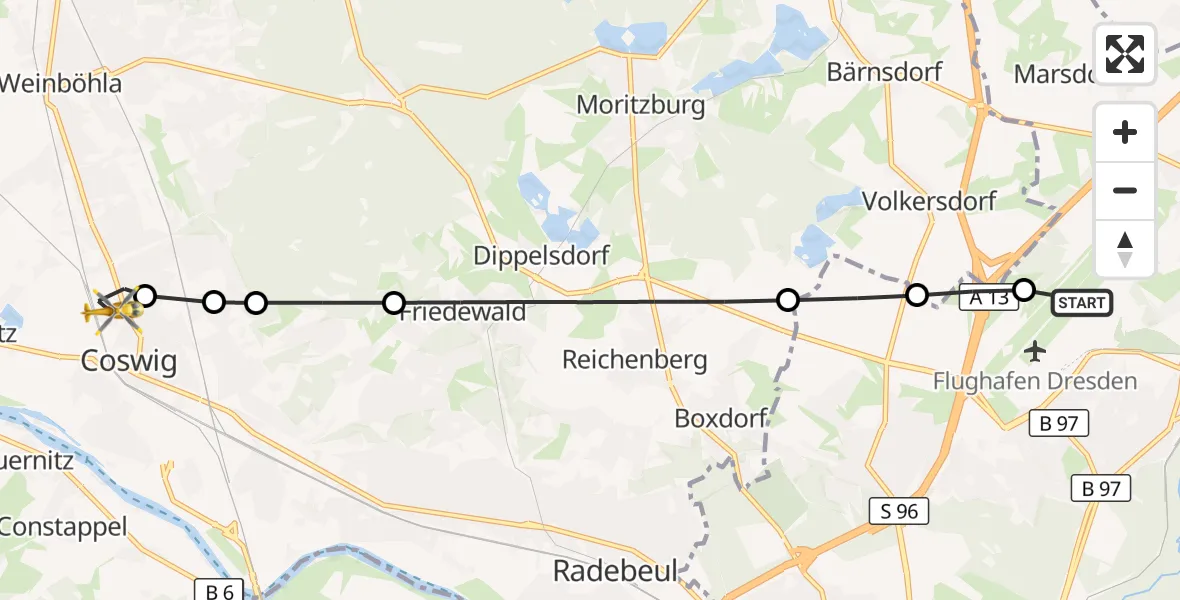 Flugroute Rettungshubschrauber Dresden Bundespolizei Hubschrauberlandeplatz - Coswig, 13 Oktober 2026, 13:27