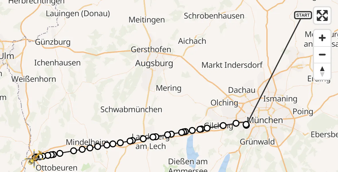 Flugroute Rettungshubschrauber Rudelzhausen - Memmingen Hospital, 13 Oktober 2026, 13:30