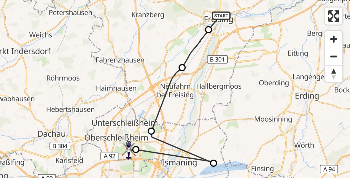 Flugroute Polizeihubschrauber Freising Clinic Hubschrauberlandeplatz - Oberschleißheim, 13 Oktober 2026, 13:33