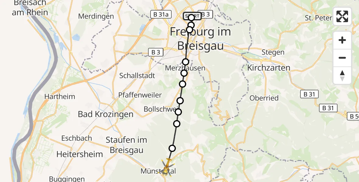 Flugroute Ambulanzhubschrauber Freiburg im Breisgau Flugplatz - Münstertal/Schwarzwald, 13 Oktober 2026, 13:33
