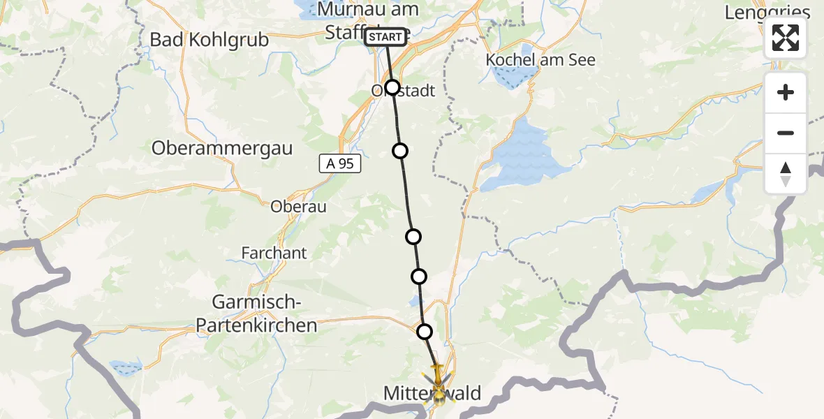 Flugroute Rettungshubschrauber Murnau Accident Hospital - Mittenwald, 13 Oktober 2026, 13:34
