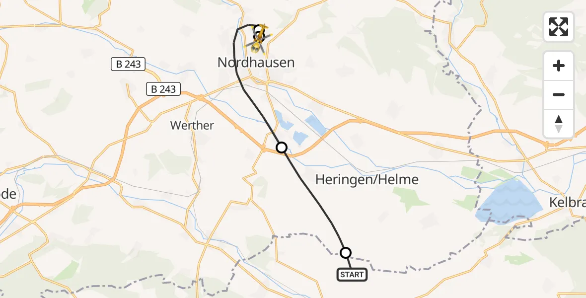 Flugroute Rettungshubschrauber Sondershausen - Südharz Hospital Nordhausen, 13 Oktober 2026, 13:34