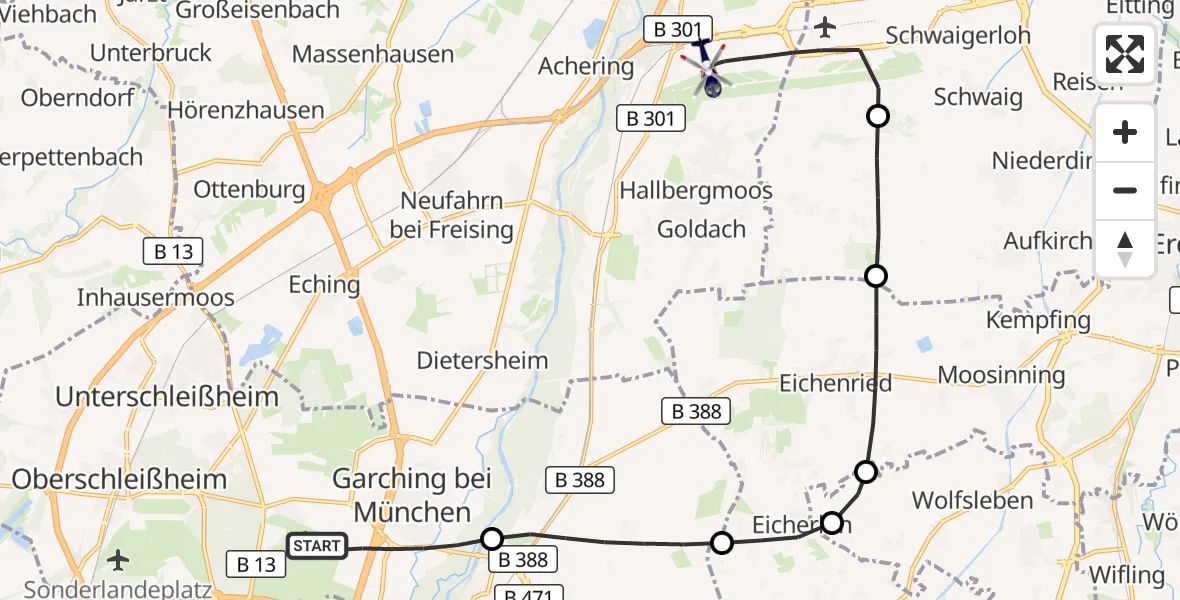 Flugroute Polizeihubschrauber Garching b.München - München Flughafen, 13 Oktober 2026, 13:52