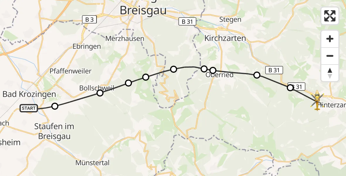Flugroute Ambulanzhubschrauber Bad Krozingen - Hinterzarten, 13 Oktober 2026, 13:56